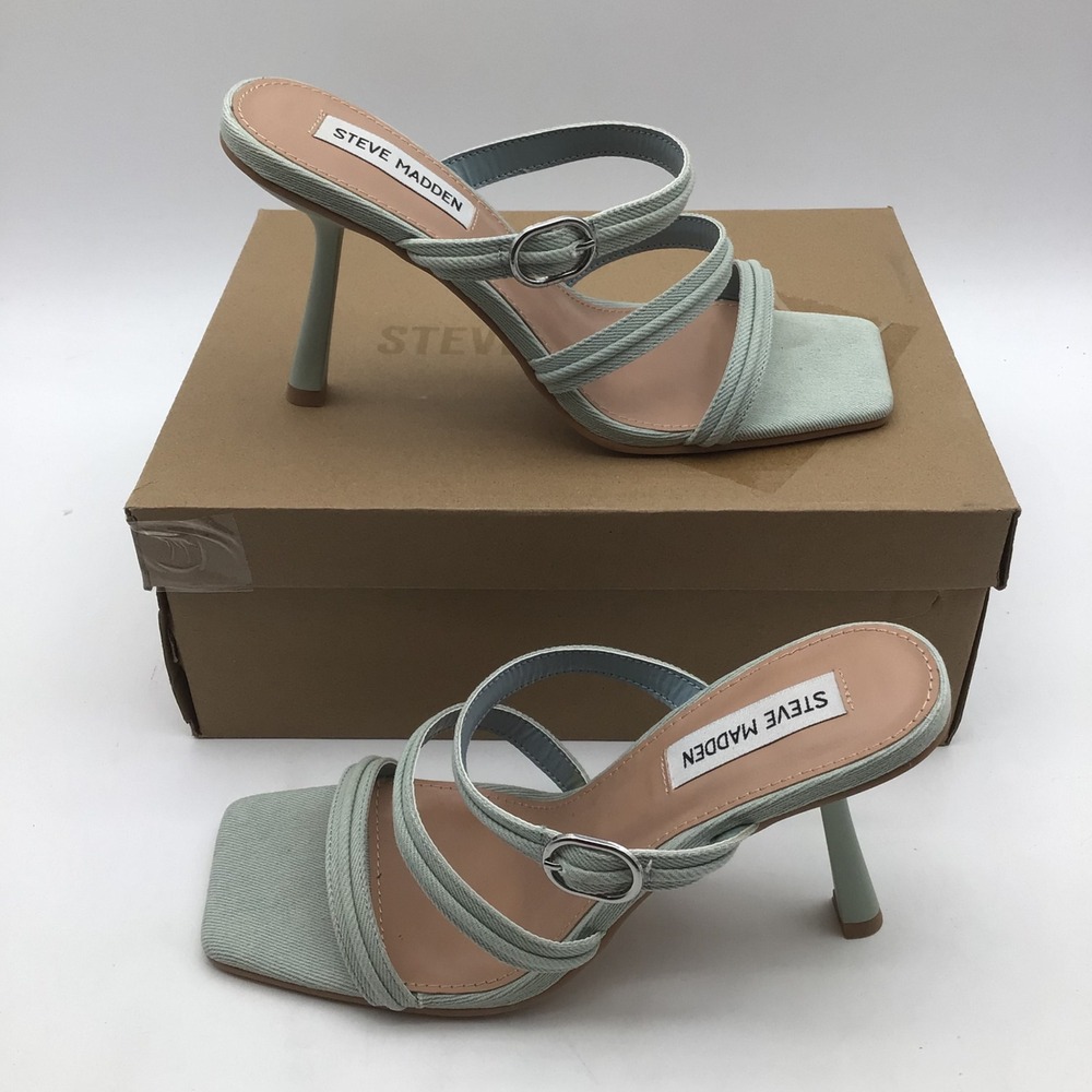 Steve Madden Trin Denim Fabric Heeled Sandals Blue Square Toe Mules Size 9 NEW